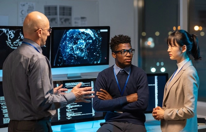 AI Tech Transforming Commercial Real Estate_internal 2-600x428 people discussing AI to transform commercial real estate