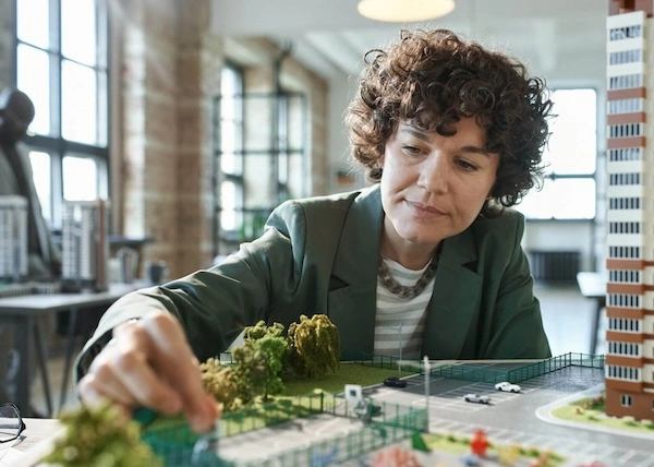 architect studying 3d model prototype of mid-rise building design and landscape