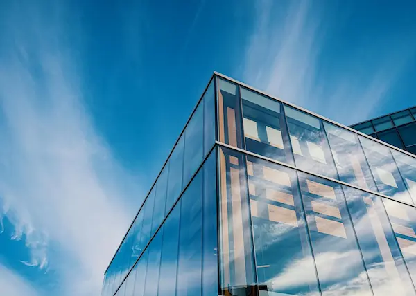 building set against a blue sky.