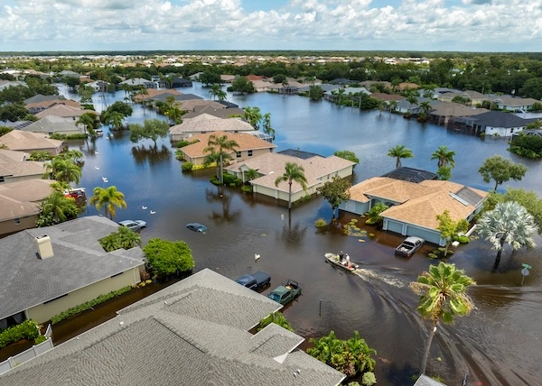 A flooded housing development in Sarasota, Florida after hurricane Debby in 2024. 