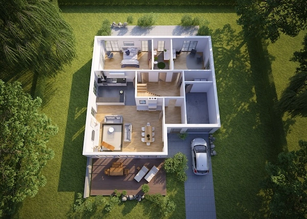 3d rendering of a 3d floor plan of a single-family house