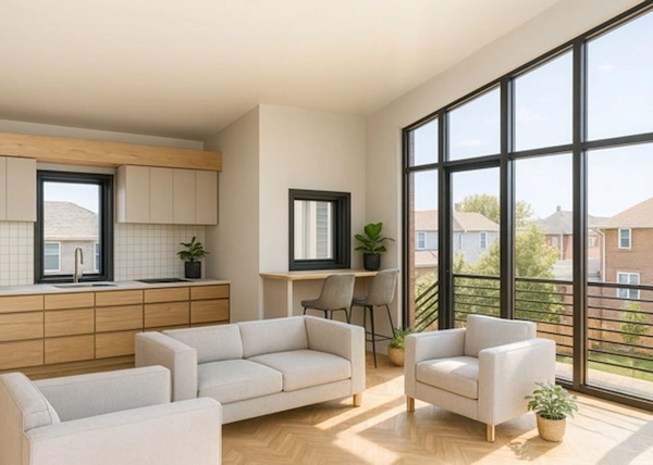 Zoning Reform Trends 2026-InteriorADU-600x428 Interior rendering of the Far Nordic ADU, a pre-approved design under NYC's "ADU for You" program.