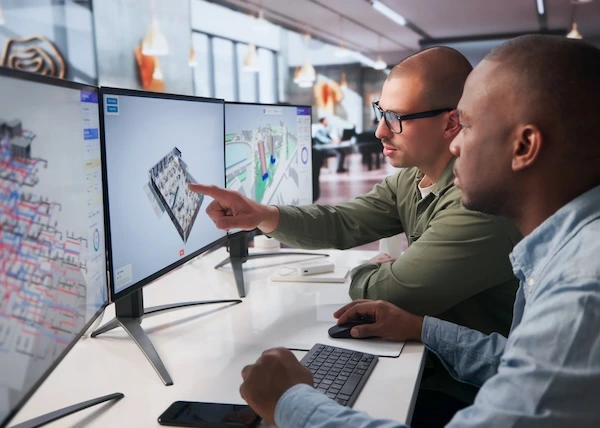 two people going over building plans on computer monitors. 