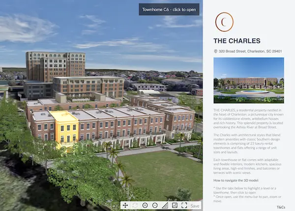 Interactive 3D model page for The Charles in Charleston, South Carolina. 