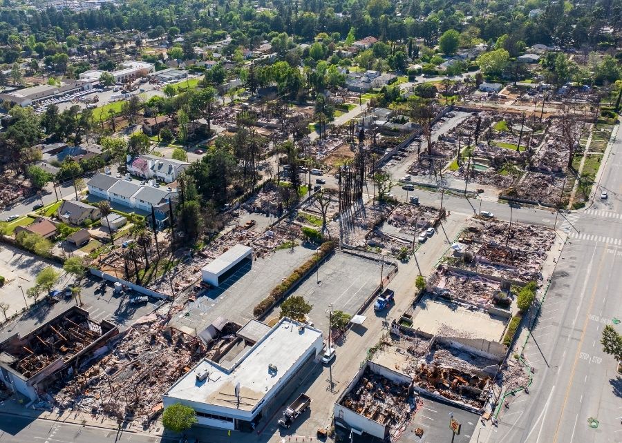 Homes and businesses after the 2025 Los Angeles fires, on Lake Street in Altadena, CA